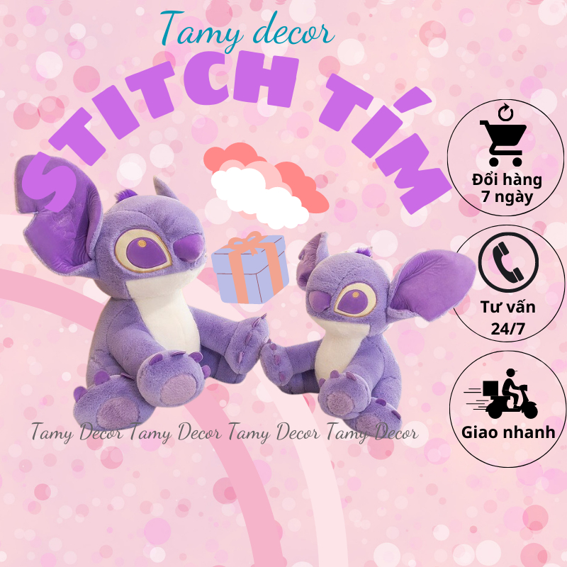 Gấu bông Stitch tím tai dài đáng yêu Tamy decor gấu bông chó tím lông dài mềm mại an toàn cho bé size 35-50-65-100cm