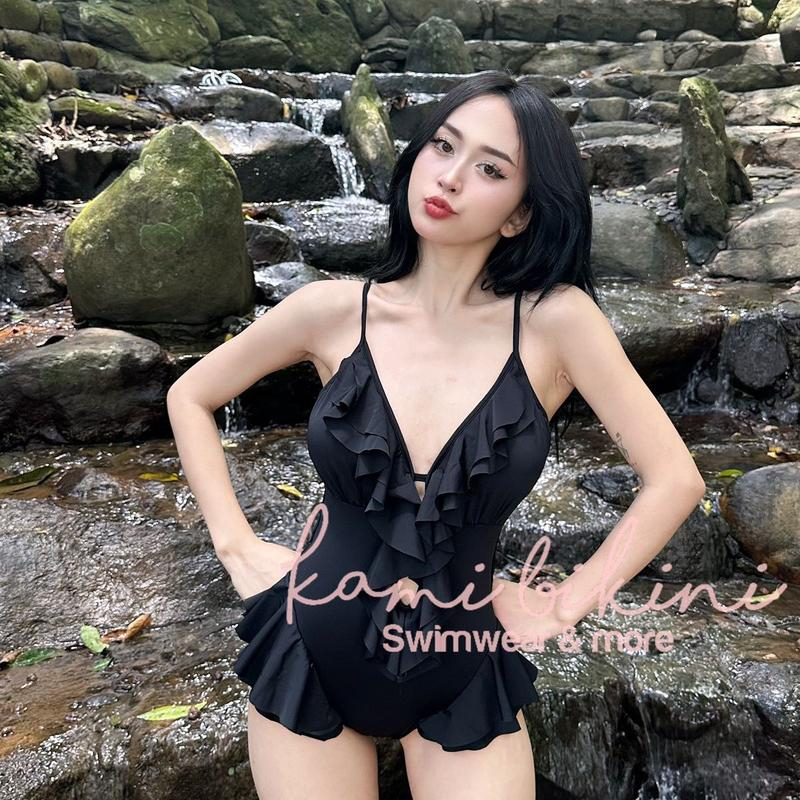 (ẢNH THẬT) Bikini liền thân Kami Retro cổ V vạt bèo thun lạnh co giãn