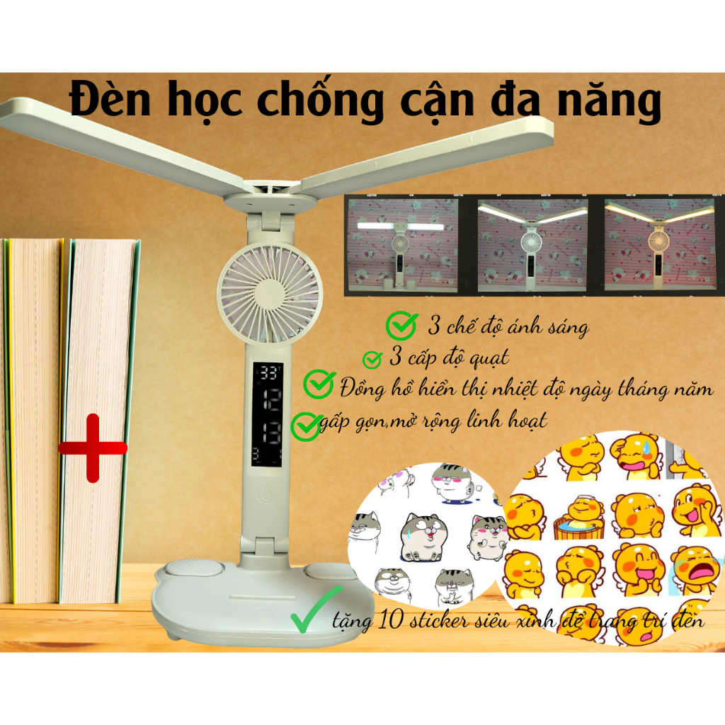 Đèn Học Để Bàn Bảo Vệ Mắt Đa Năng(Đèn+Quạt+Đồng Hồ) Gấp Gọn Điều Chỉnh Ánh Sáng Quạt 3 Cấp Độ