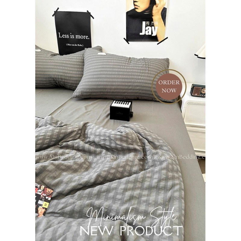 Bộ ga gối và vỏ chăn Cotton Tici Dúm Kẻ Sọc mẫu Ghi Full Xịn Bedding