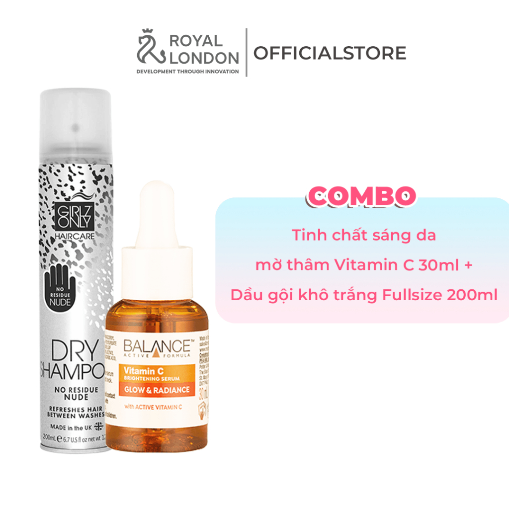 Combo Da Sáng Tóc Xinh Serum Balance Active Formula Vitamin C Brightening 30ML + Dầu gội khô Dry ShampooGirlz Only 200ML