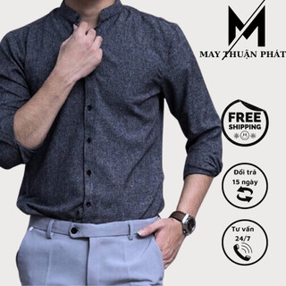 Sơ mi đũi nam cổ tàu xám tiêu, Áo dài tay cổ trụ nam dáng ôm slimfit