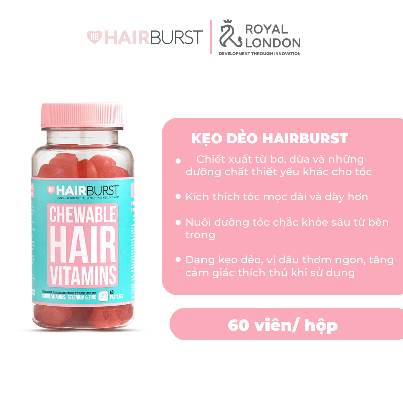 Kẹo dẻo vitamin chăm sóc, kích thích mọc tóc HAIRBURST chewable hair vitamins 60 viên/1 lọ