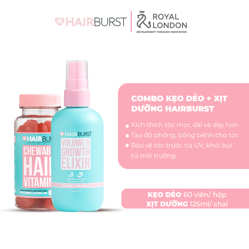 Combo Kẹo Dẻo + Xịt Dưỡng Làm Phồng, Kích Thích Mọc Tóc HAIRBURST 125ml + 60 Viên