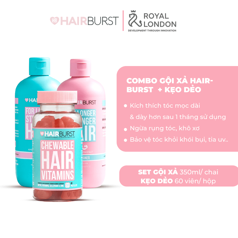 Combo set gội xả + kẹo dẻo Chewable HAIRBURST kích thích mọc tóc, chắc khỏe 350ml/chai