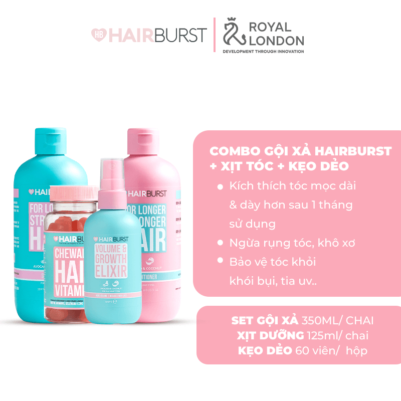 Combo Chăm sóc toàn diện HAIRBURST Dầu gội xả 350ml/chai + Xịt tóc125ml + Kẹo dẻo 60Viên