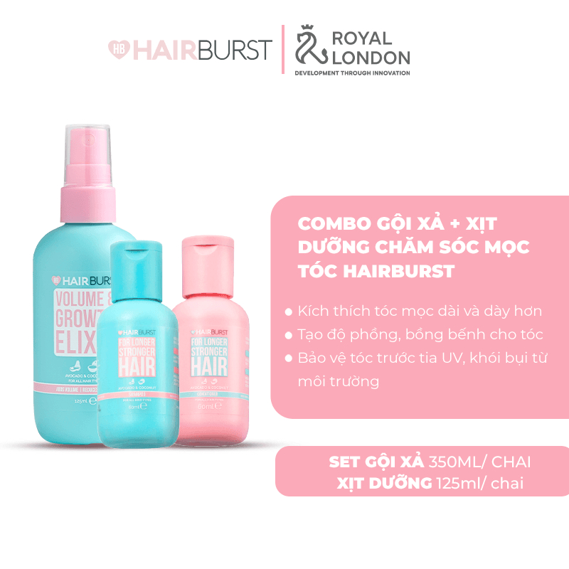 Combo Hairburst travel set gội xả 60ml/chai + xịt dưỡng tóc 125ml/chai