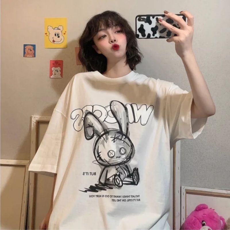 Áo phông form rộng chất cotton su túi rip- hình con thỏ WOOPS