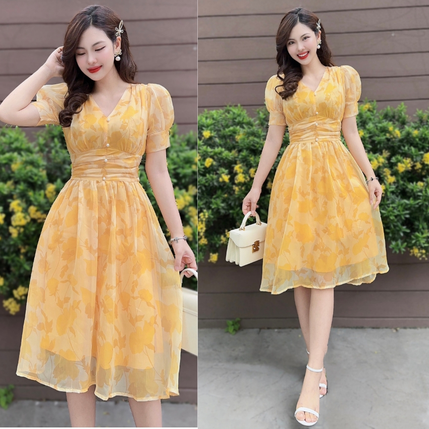 Váy voan hoa thiết kế màu cam, gấp eo, 2 lớp tôn da Giấu Bụng cao cấp, Đầm hoa du lịch thiết kế 100%