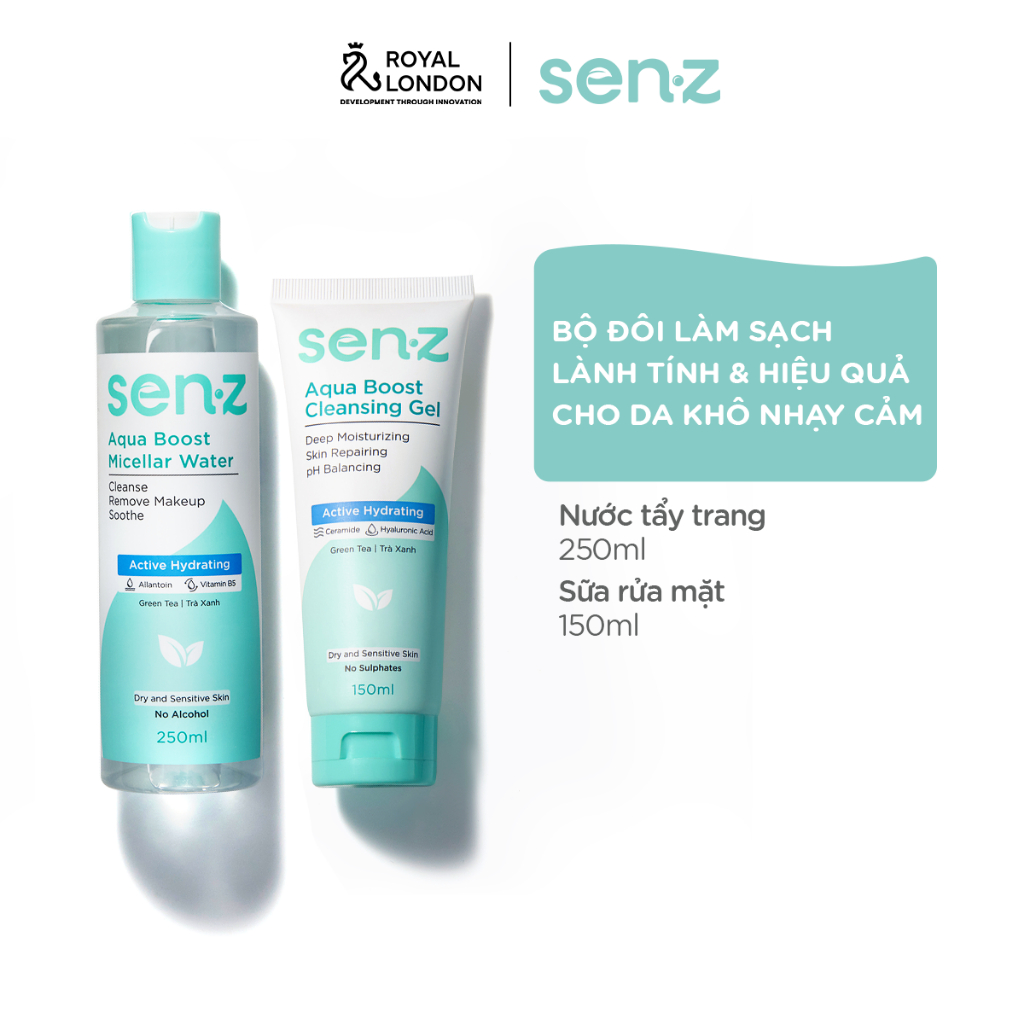 Bộ Đôi Tẩy Trang + Sữa Rửa Mặt Trà Xanh SENZ Aqua Boost Làm Sạch Dưỡng Ẩm Sâu Cho Da Khô 250ml + 150ml