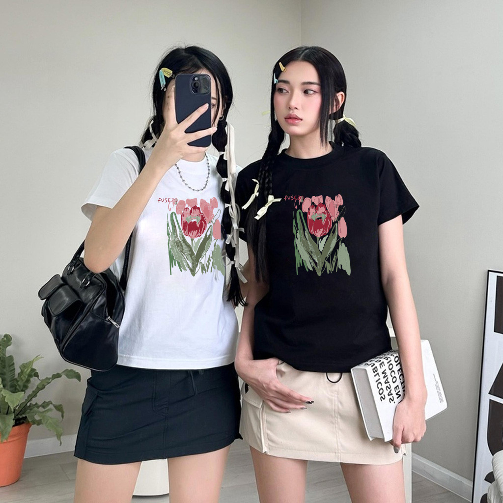 Áo Baby tee hoa tuylip hồng chất vải cotton local brand 230gsm nữ unisex y2k Love Studio B080 | BigBuy360 - bigbuy360.vn