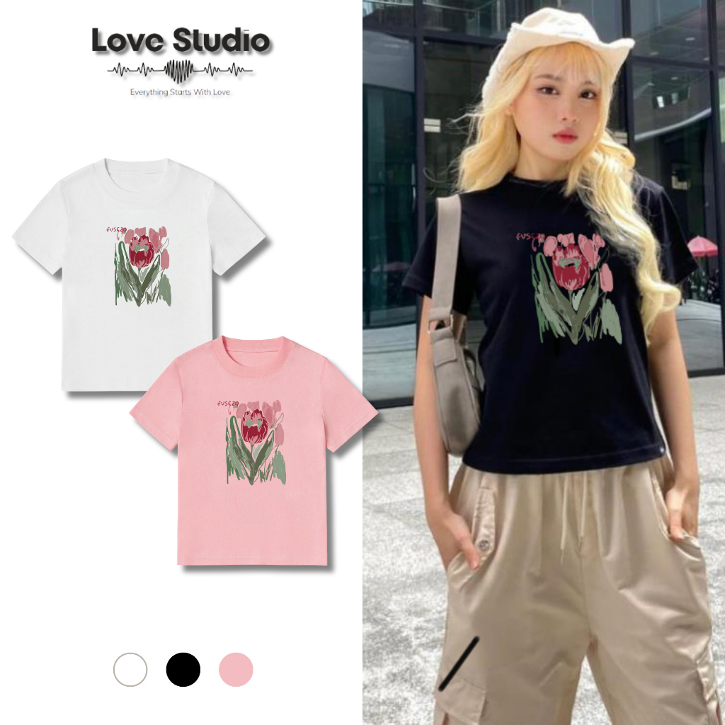 Áo Baby tee hoa tuylip hồng chất vải cotton local brand 230gsm nữ unisex y2k Love Studio B080