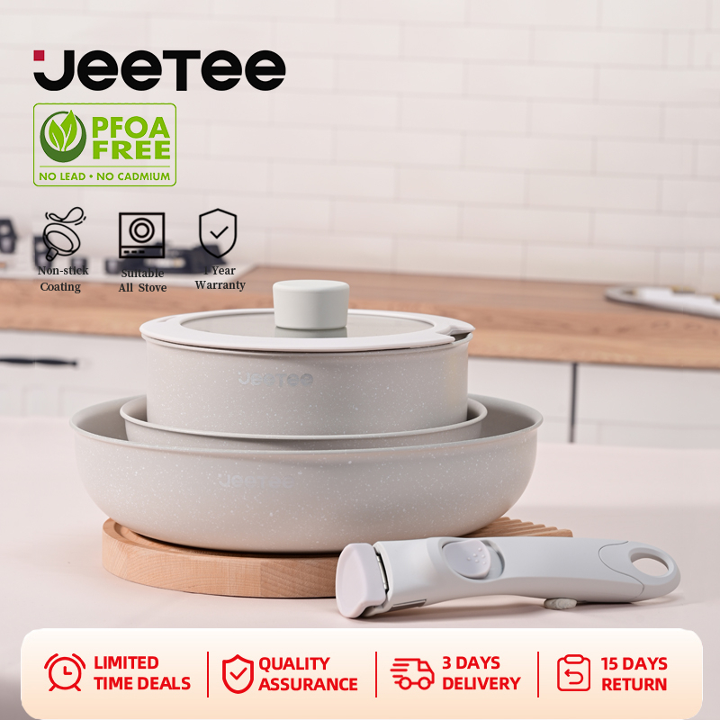 JEETEE 5pcs Bộ nồi chảo chống dính Suit Lock&Lock Detachable 18cm - 20cm - 26cm tay cầm có thể tháo rời