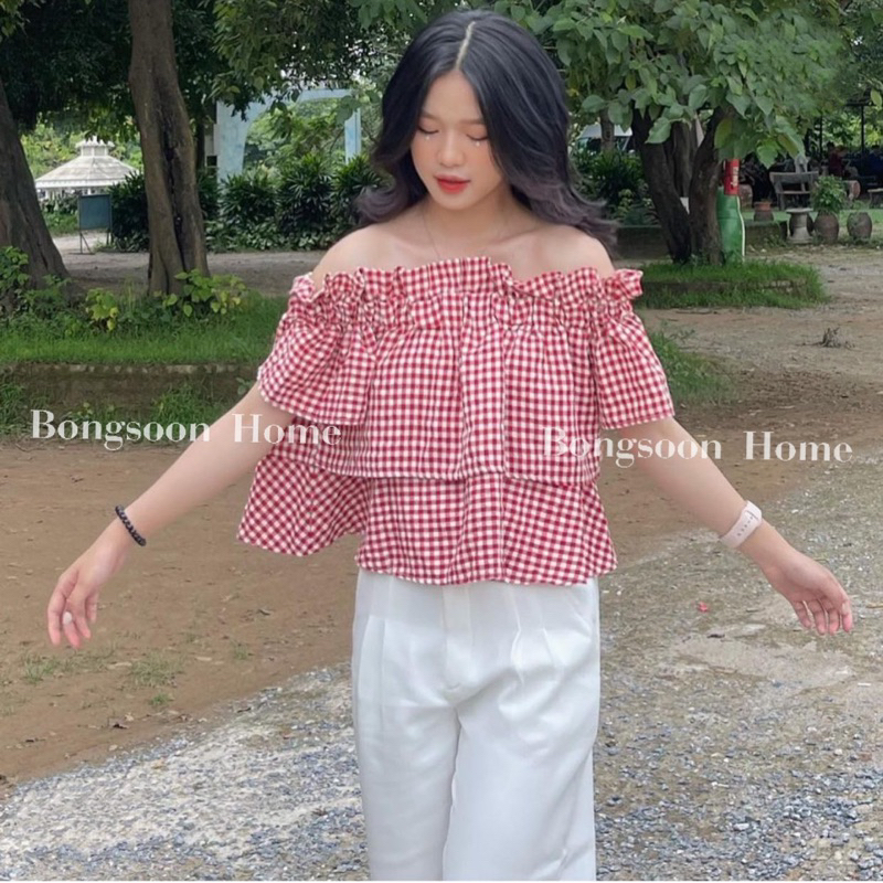 Áo Trễ Vai Kẻ Đỏ Caro Áo Baby Doll Dáng Ngắn Xinh Cho Nữ