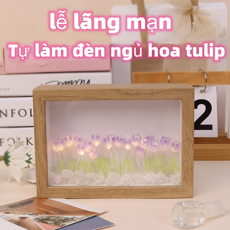 Đèn hoa Tulip Để Bàn , Khung Chữ Nhật Bằng gỗ , DIY - Quà lưu niệm ý nghĩa HBT315