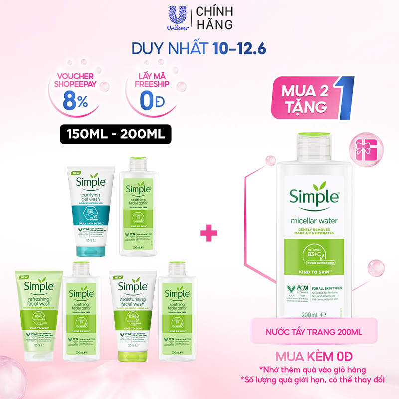 Combo Simple Sữa rửa mặt 150ml + Nước hoa hồng 200ml 