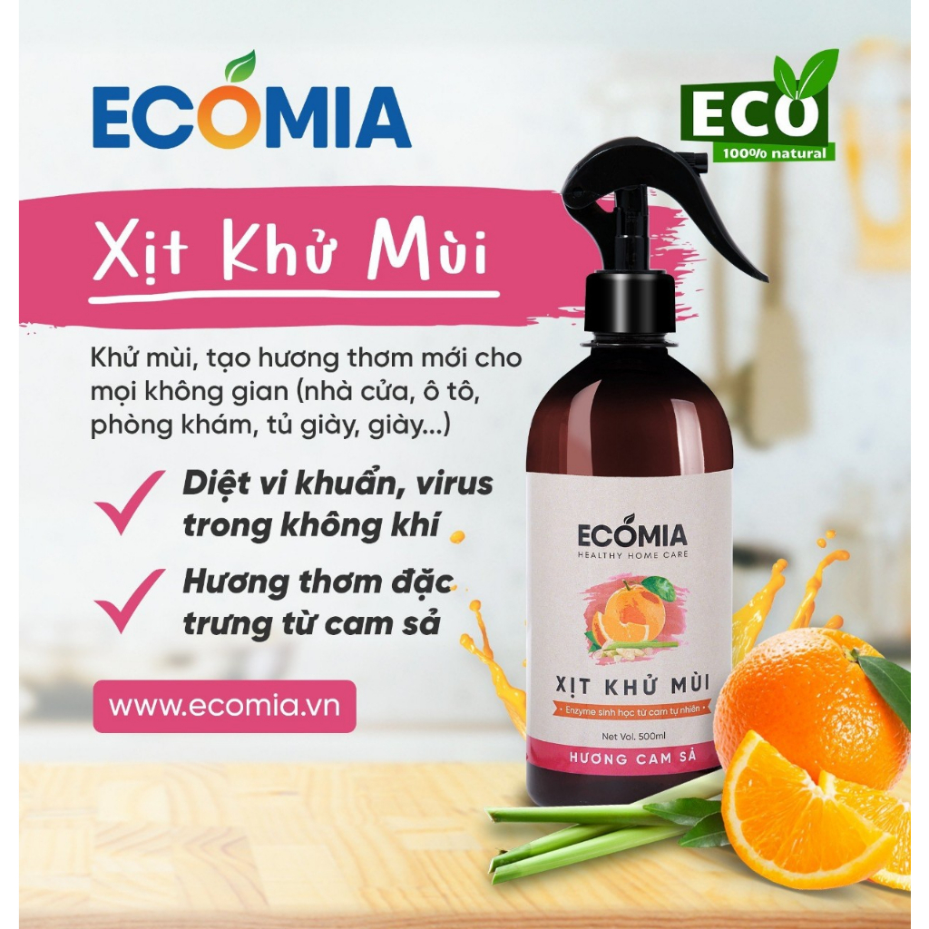 Xịt Khử Mùi, Khử Khuẩn Đa Năng Ecomia chiết xuất Thiên Nhiên Enzyme hữu cơ, khử mùi giày, ô tô, nhà cửa Hương Cam Sả