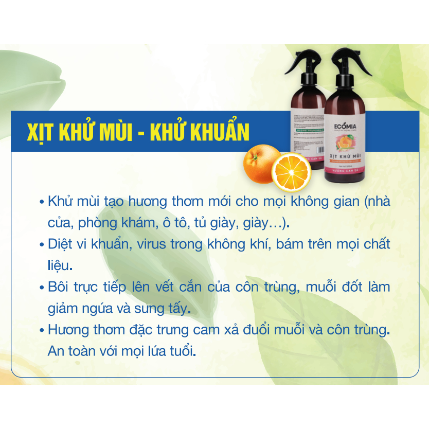 Xịt Khử Mùi, Khử Khuẩn Đa Năng Ecomia chiết xuất Thiên Nhiên Enzyme hữu cơ, khử mùi giày, ô tô, nhà cửa Hương Cam Sả