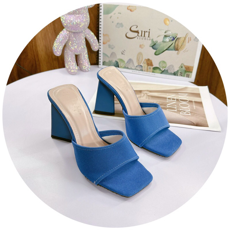 ❤️Hot Hit❤️ Dép cao gót quai bản vải xanh gót tam giác 9cm