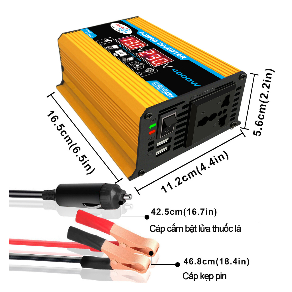 Bộ kích điện 12V sang 220V 4000W, Biến tần ô tô màn hìnhLED  2 cổng Usb dành cho xe hơi