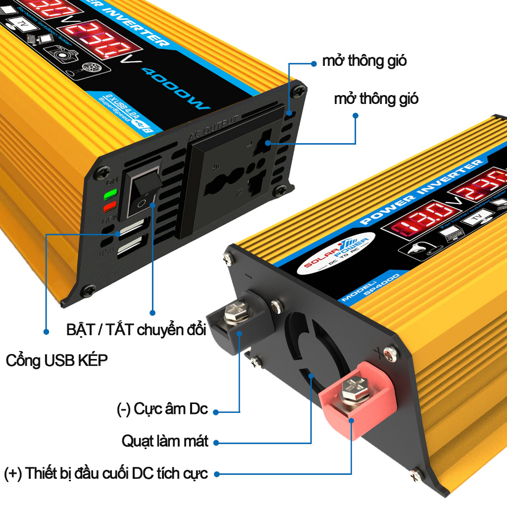 Bộ kích điện 12V sang 220V 4000W, Biến tần ô tô màn hìnhLED  2 cổng Usb dành cho xe hơi