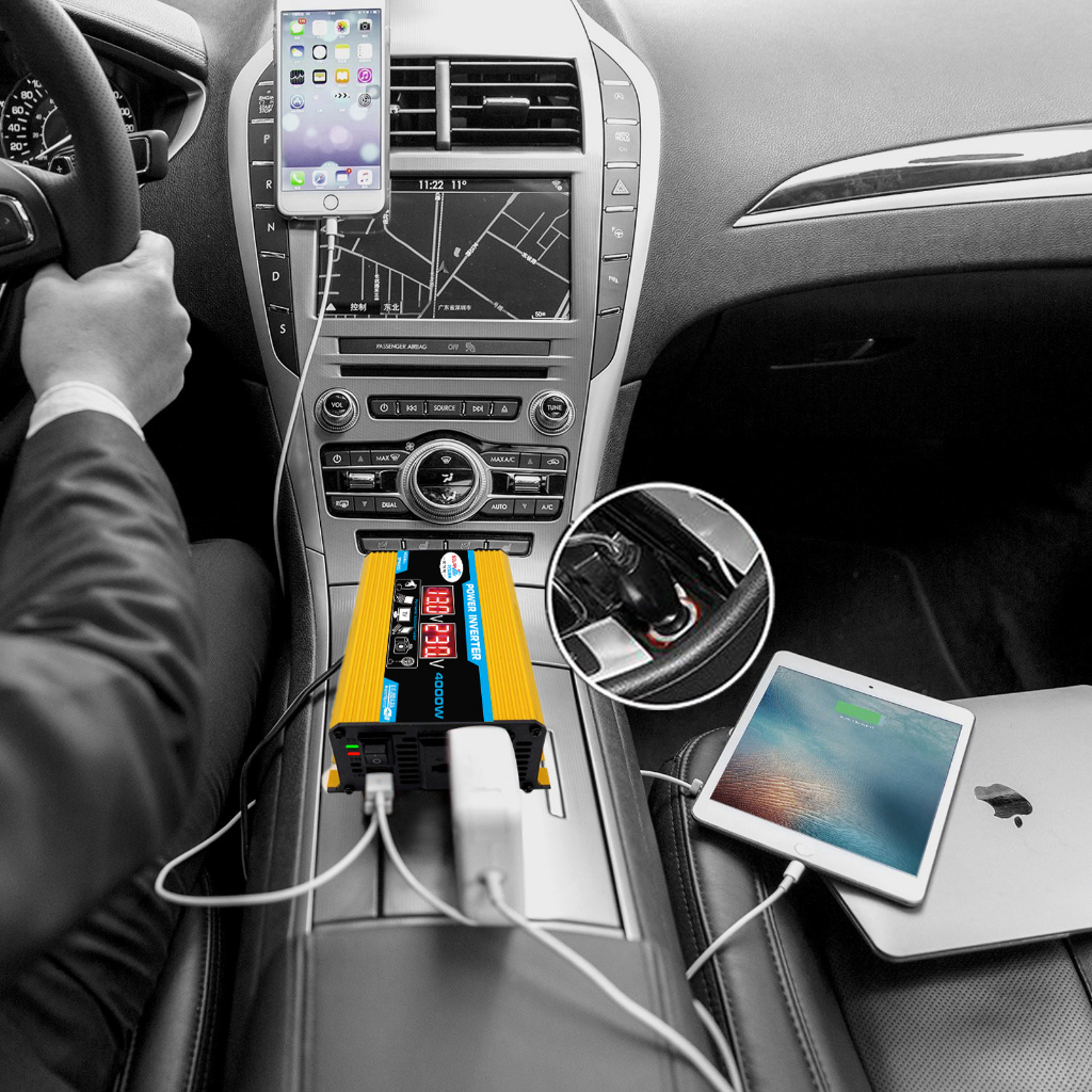 Bộ kích điện 12V sang 220V 4000W, Biến tần ô tô màn hìnhLED  2 cổng Usb dành cho xe hơi