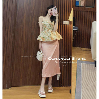 Set áo hoa 2 dây kèm chân váy midi hồng
