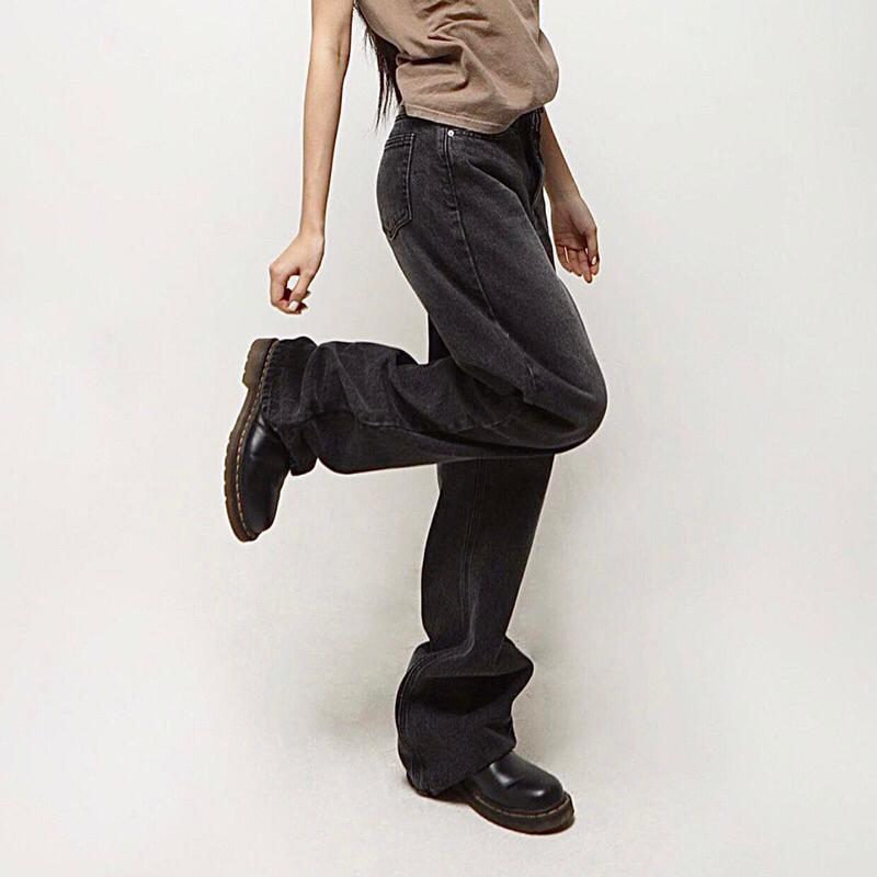 QUẦN JEANS SUÔNG RỘNG LƯNG CAO - XÁM ĐEN WASH