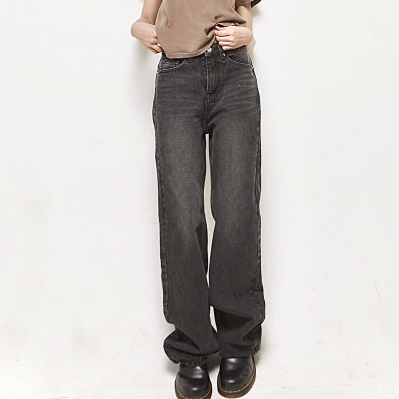 QUẦN JEANS SUÔNG RỘNG LƯNG CAO - XÁM ĐEN WASH