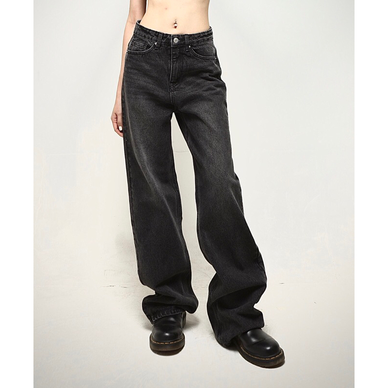 QUẦN JEANS SUÔNG RỘNG LƯNG CAO - XÁM ĐEN WASH
