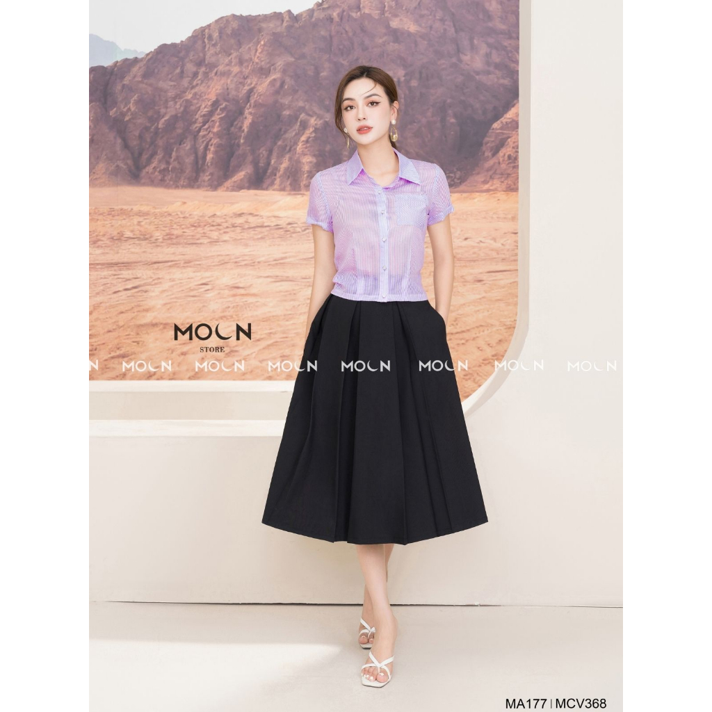 Áo sơ mi ngắn tay chân váy công sở 𝐌𝐎𝐎𝐍 áo sơ mi cổ đức chất kẻ tơ mix chân váy xếp ly kaki lụa hàn MA177-MCV368