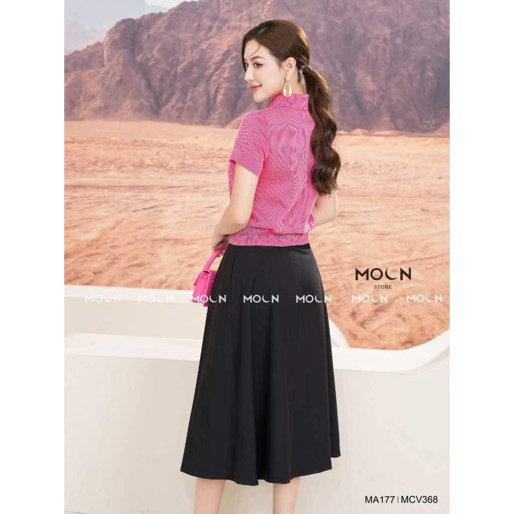 Áo sơ mi ngắn tay chân váy công sở 𝐌𝐎𝐎𝐍 áo sơ mi cổ đức chất kẻ tơ mix chân váy xếp ly kaki lụa hàn MA177-MCV368