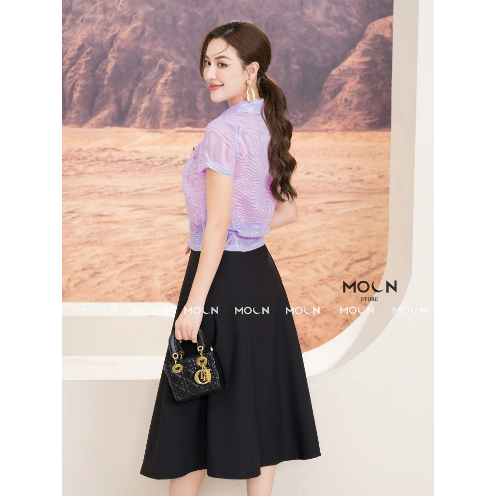 Áo sơ mi ngắn tay chân váy công sở 𝐌𝐎𝐎𝐍 áo sơ mi cổ đức chất kẻ tơ mix chân váy xếp ly kaki lụa hàn MA177-MCV368