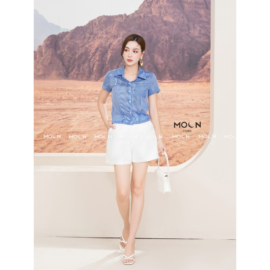 Áo sơ mi ngắn tay chân váy công sở 𝐌𝐎𝐎𝐍 áo sơ mi cổ đức chất kẻ tơ mix chân váy xếp ly kaki lụa hàn MA177-MCV368