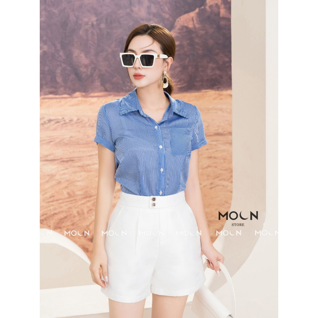 Áo sơ mi ngắn tay chân váy công sở 𝐌𝐎𝐎𝐍 áo sơ mi cổ đức chất kẻ tơ mix chân váy xếp ly kaki lụa hàn MA177-MCV368