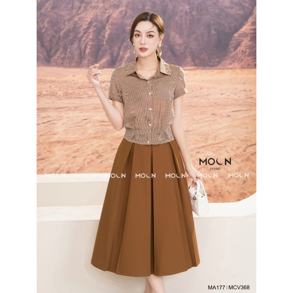 Áo sơ mi ngắn tay chân váy công sở 𝐌𝐎𝐎𝐍 áo sơ mi cổ đức chất kẻ tơ mix chân váy xếp ly kaki lụa hàn MA177-MCV368