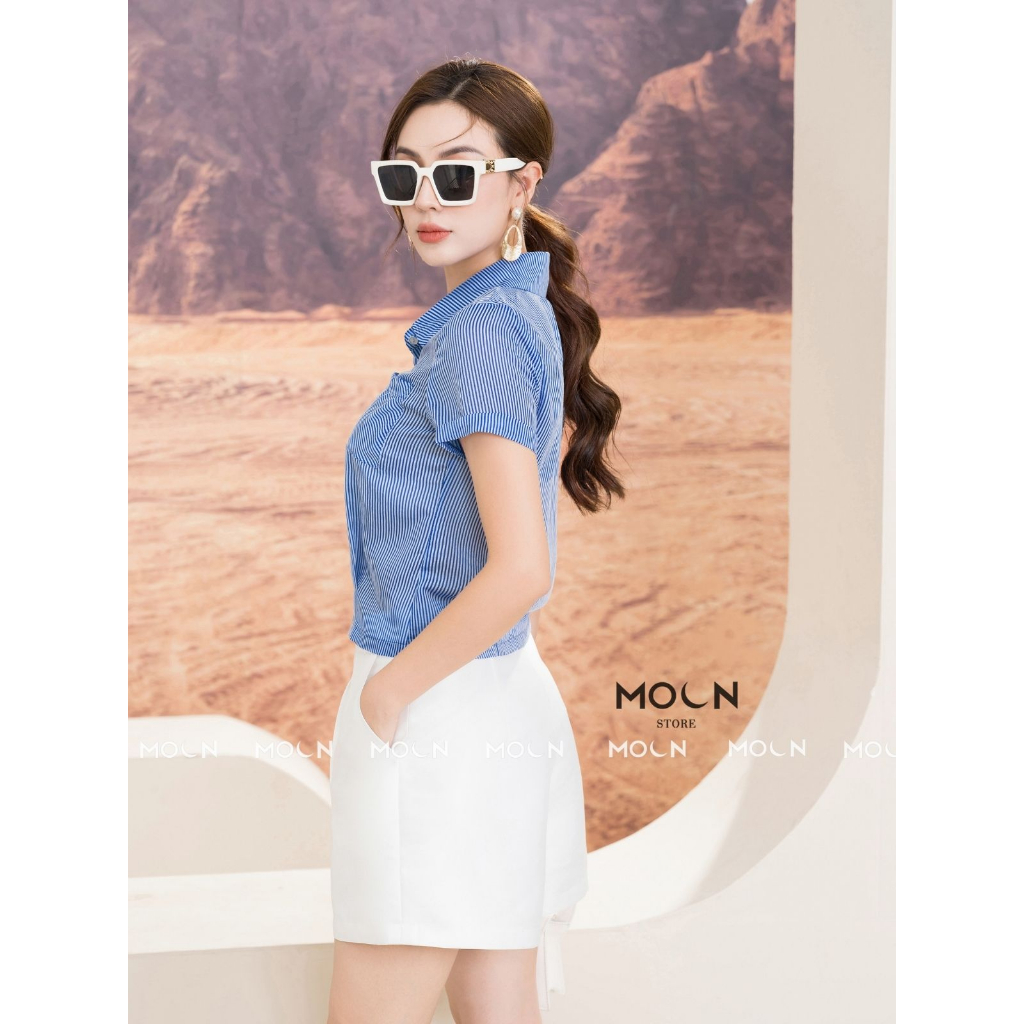 Áo sơ mi ngắn tay chân váy công sở 𝐌𝐎𝐎𝐍 áo sơ mi cổ đức chất kẻ tơ mix chân váy xếp ly kaki lụa hàn MA177-MCV368