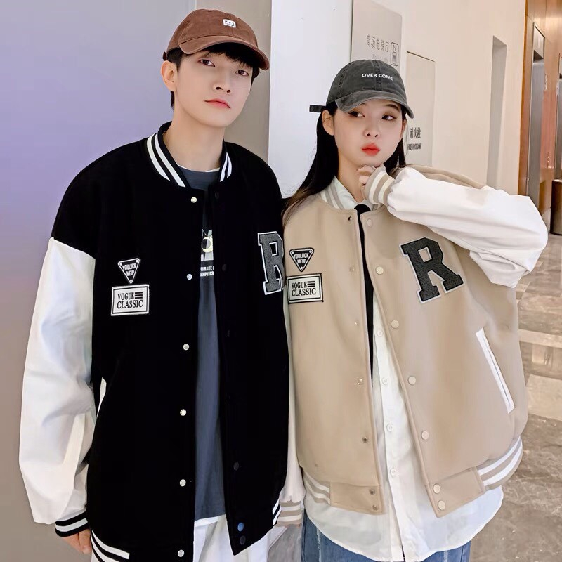 Áo Khoác Bomber Varsity Jacket Bóng Chày Thêu Chữ 𝐑 Chất Da Lộn Lót Dù Form Rộng dưới 65kg