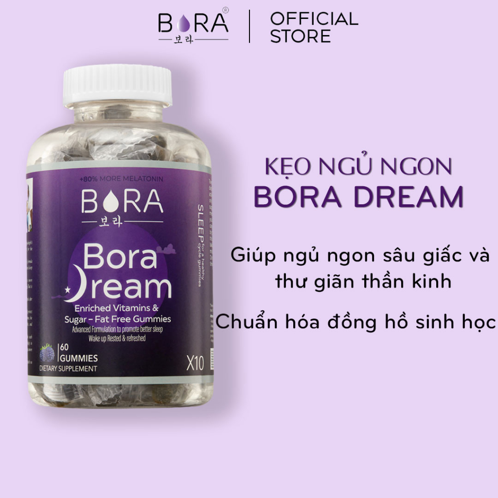 COMBO 4 Kẹo Ngủ Ngon Giấc BORA DREAM Hỗ Trợ Mất Ngủ Điều Hòa Đồng Hồ Sinh Học Hủ 60 viên