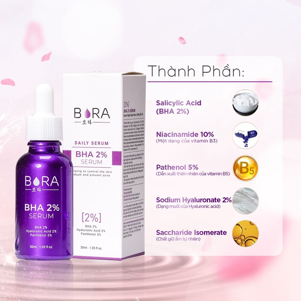 COMBO 4 Serum Ngừa Mụn Dưỡng Ẩm Trắng Da Se Khít Lỗ Chân Lông BORA BHA 2% Lọ 30ml