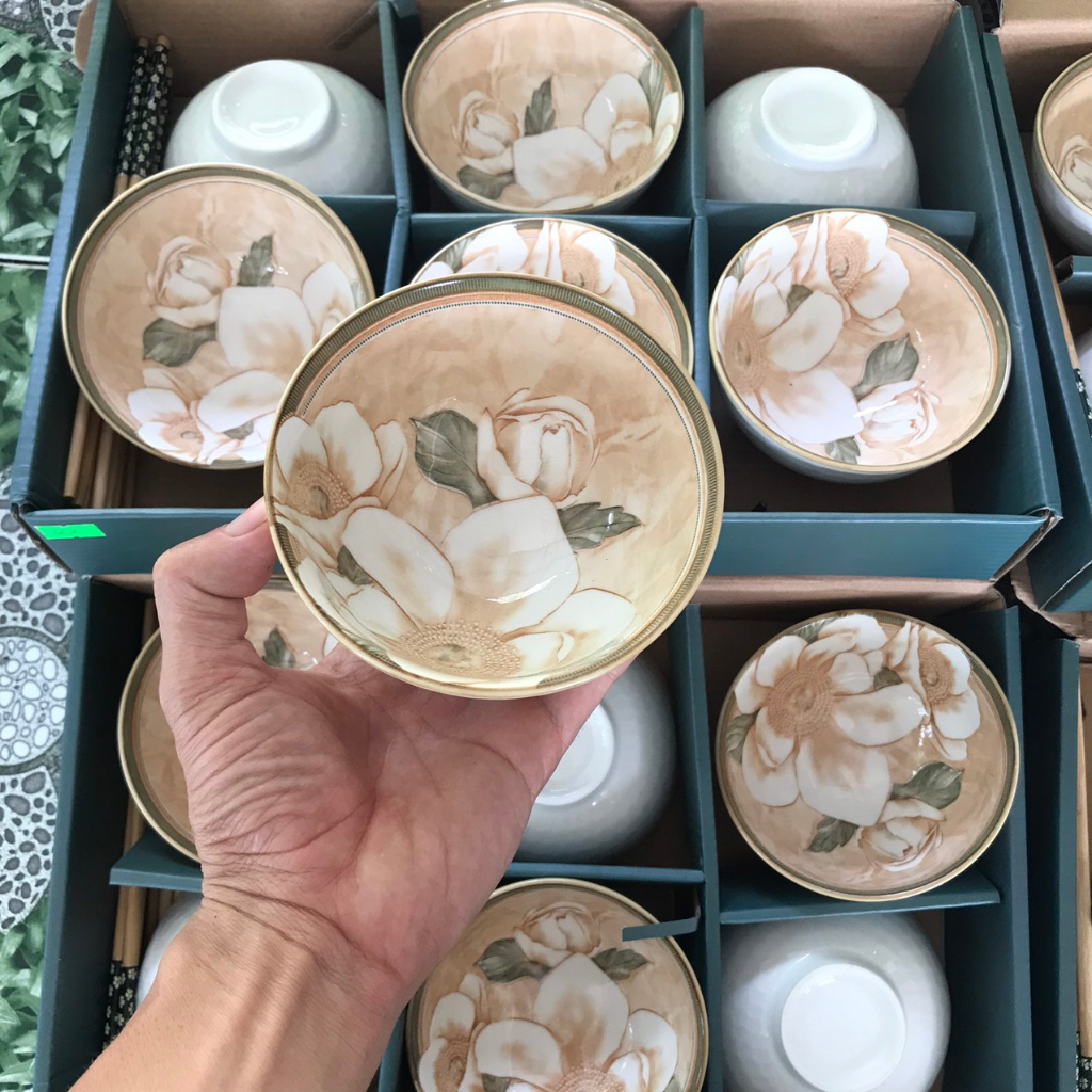 Bộ 6 bát hoa trà men sứ cao cấp kèm 6 đôi đũa hộp tặng quà cho người thân và bạn bè
