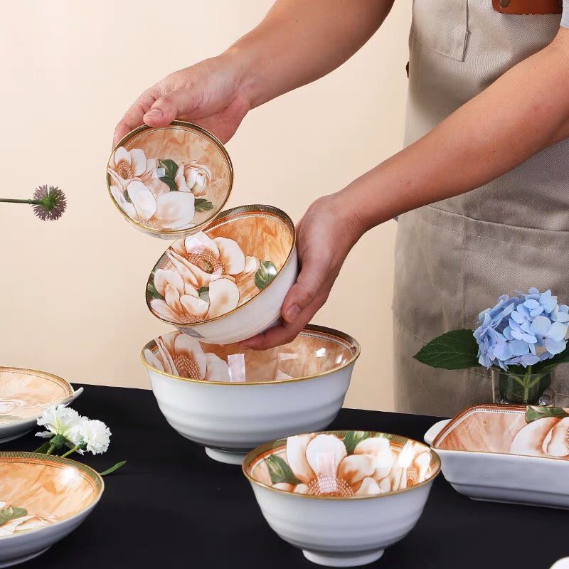 Bộ 6 bát hoa trà men sứ cao cấp kèm 6 đôi đũa hộp tặng quà cho người thân và bạn bè