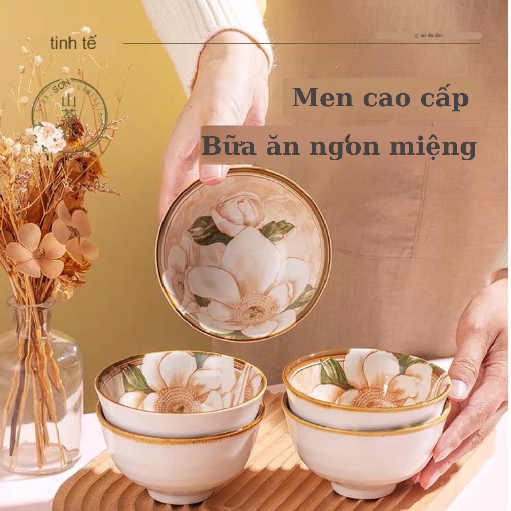 Bộ 6 bát hoa trà men sứ cao cấp kèm 6 đôi đũa hộp tặng quà cho người thân và bạn bè