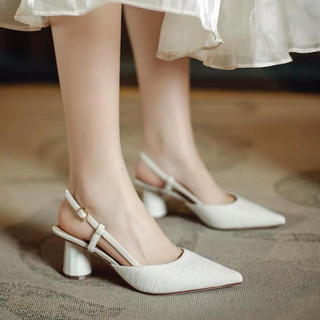 ❤️Giày Tiểu Thư❤️ Giày sandal cao gót mũi nhọn lụa sần gót trụ 5p tiểu thư