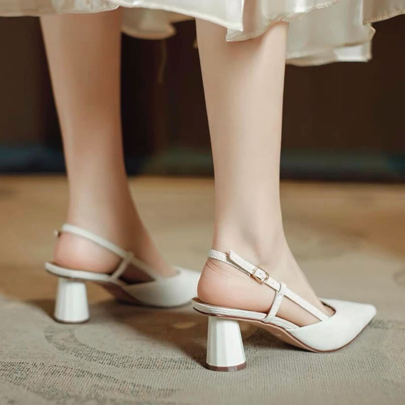 ❤️Giày Tiểu Thư❤️ Giày sandal cao gót mũi nhọn lụa sần gót trụ 5p tiểu thư