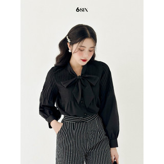 Áo sơ mi moon nơ cổ + quần suông kẻ sọc