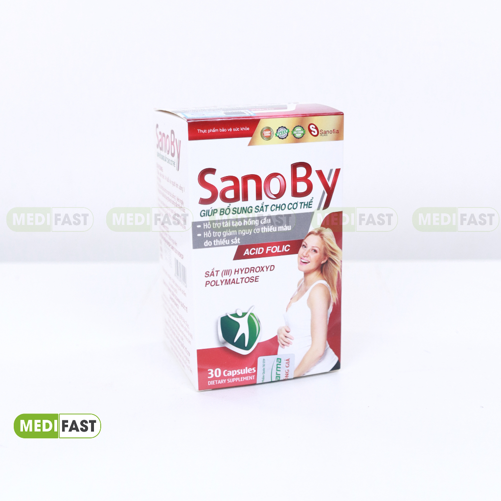 Viên uống Sano By bố sung sắt bổ bầu bổ máu, Acid Folic cải thiện tình trạng thiếu máu - Lọ 30 viên
