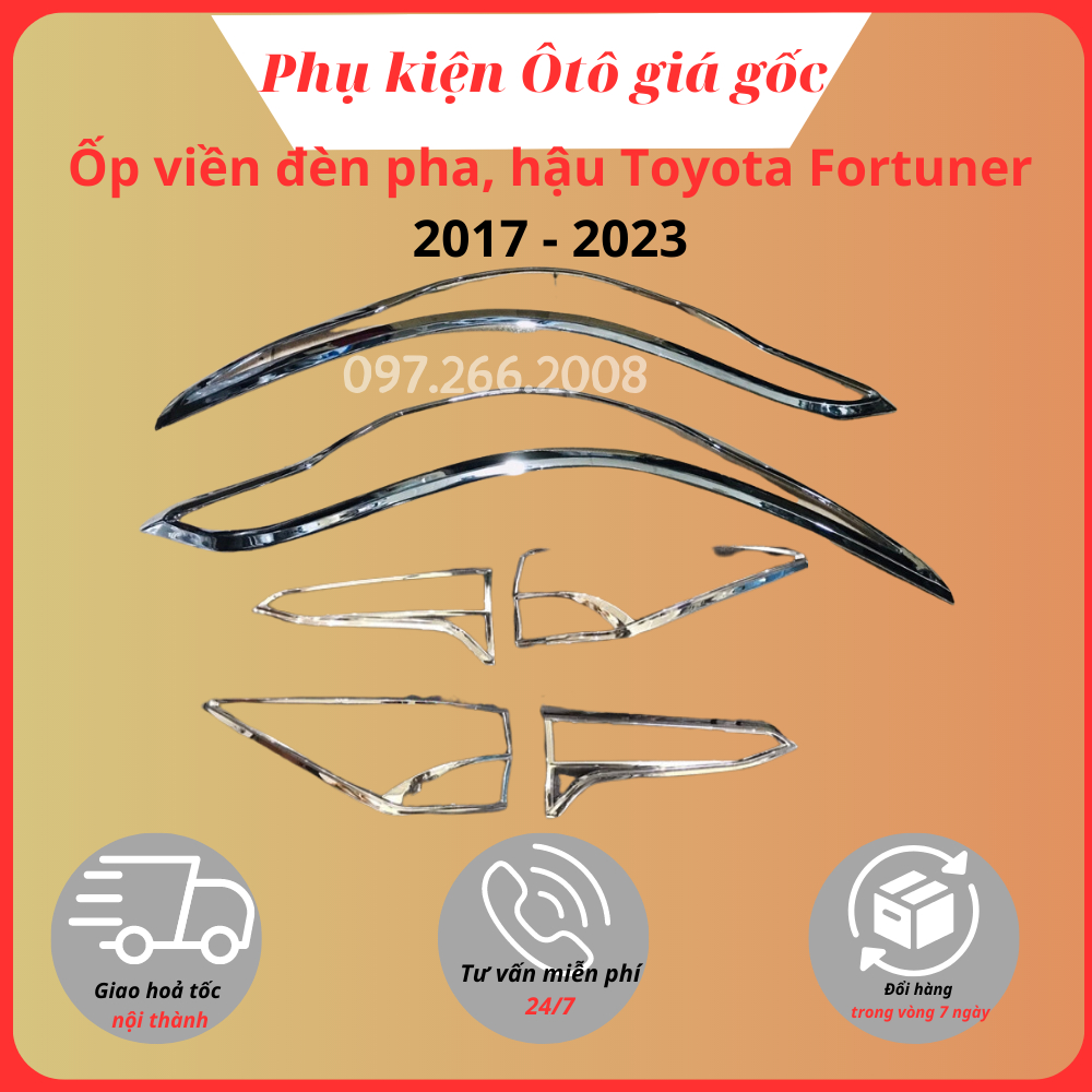 Ốp viền đèn pha, hậu Fortuner 2017 - 2021, 2022 mạ crom cao cấp sáng bóng
