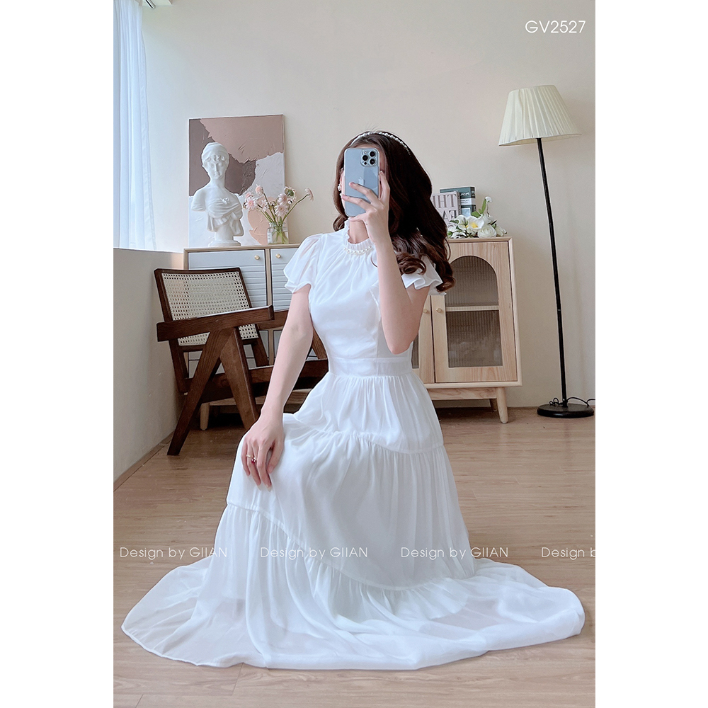 Váy trắng dáng dài dự tiệc tiểu thư thiết kế tay cánh tiên cổ đính ngọc sang chảnh thương hiệu Giian - VA0079TR