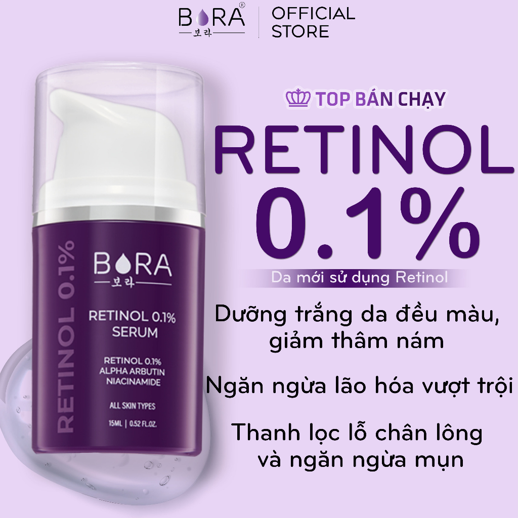 COMBO 2 Serum Retinol BORA 0.1% Dưỡng Trắng Da Ngừa Lão Hóa Mờ Nếp Nhăn Da Săn Chắc Chai 15ml